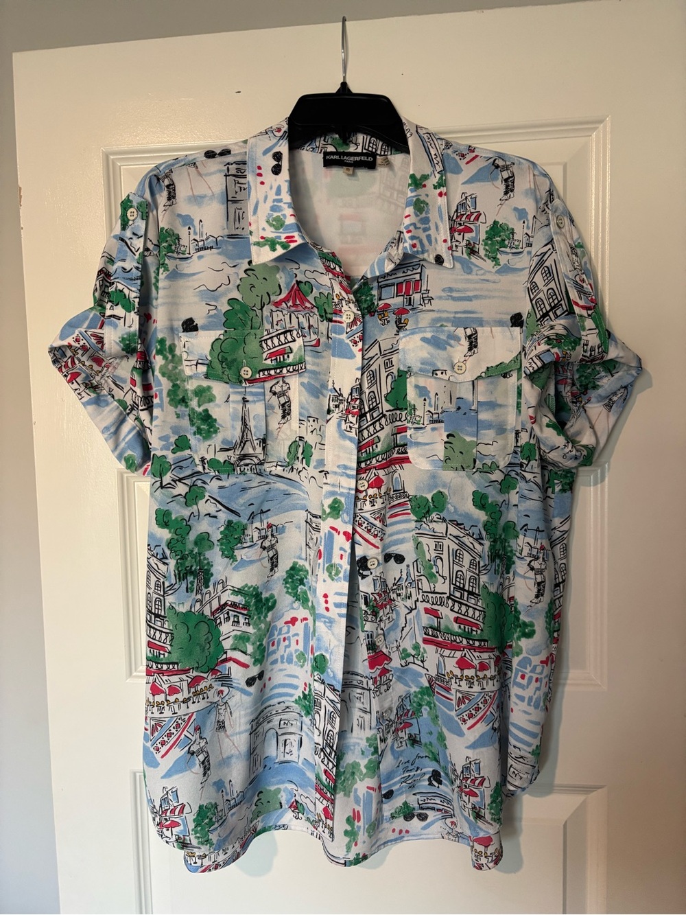 Women Karl Lagerfeld Short-Sleeve Scenic Print Shirt - White/Blue/Green
